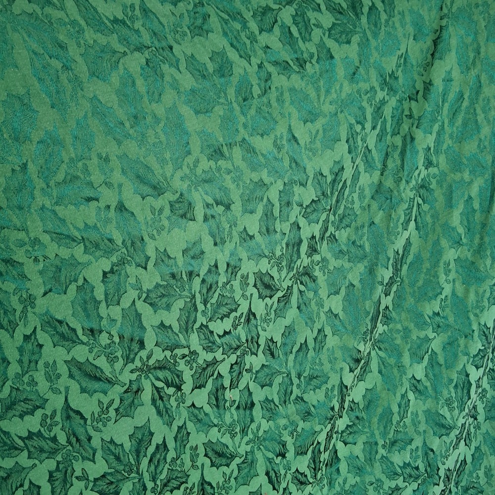 Vintage Christmas Green Holly Leaf Jacquard Fabric Round Tablecoth 70"